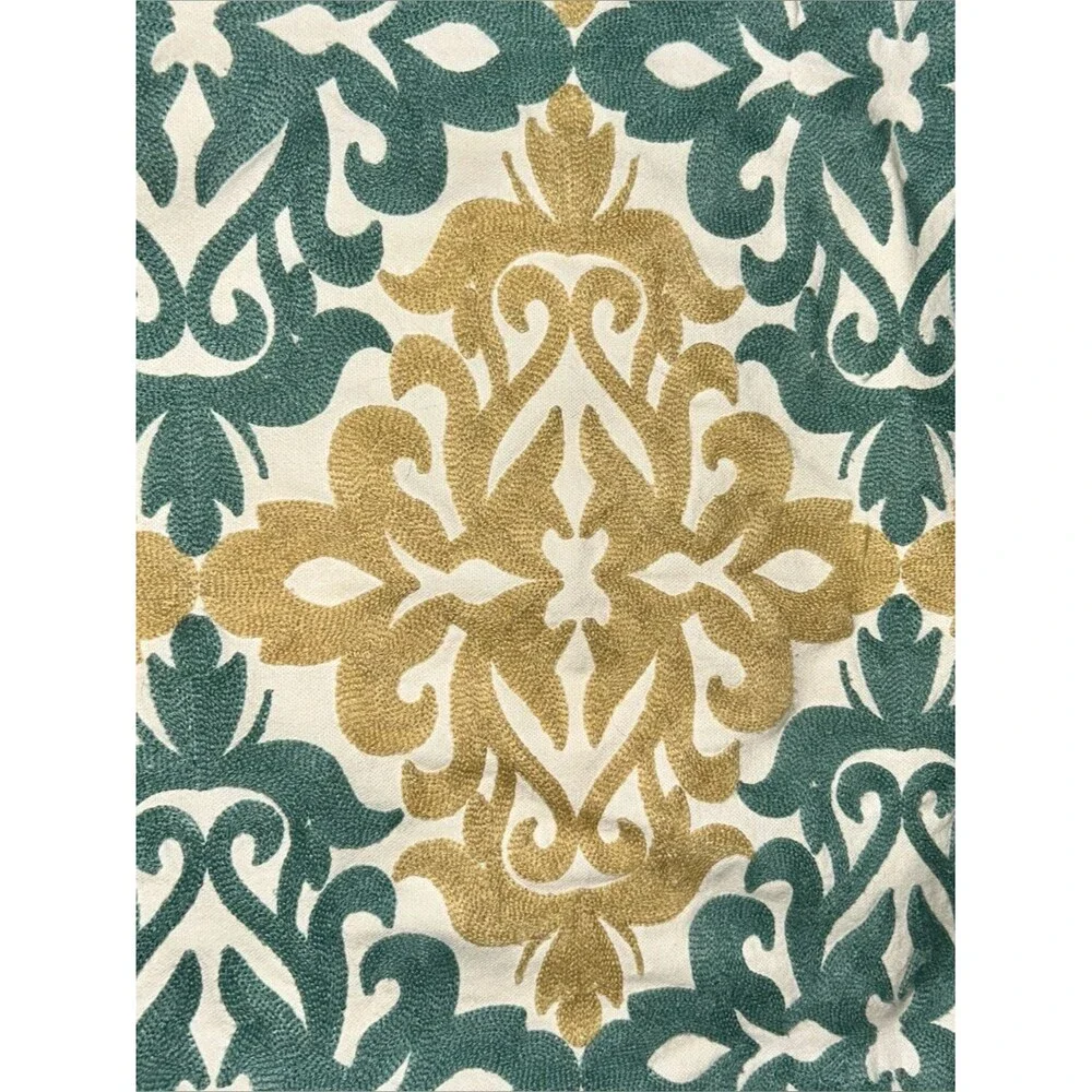 GREEN GOLD OFF WHITE Damask Embroidered Cotton Canvas Pillow Covers Zipper (4)
